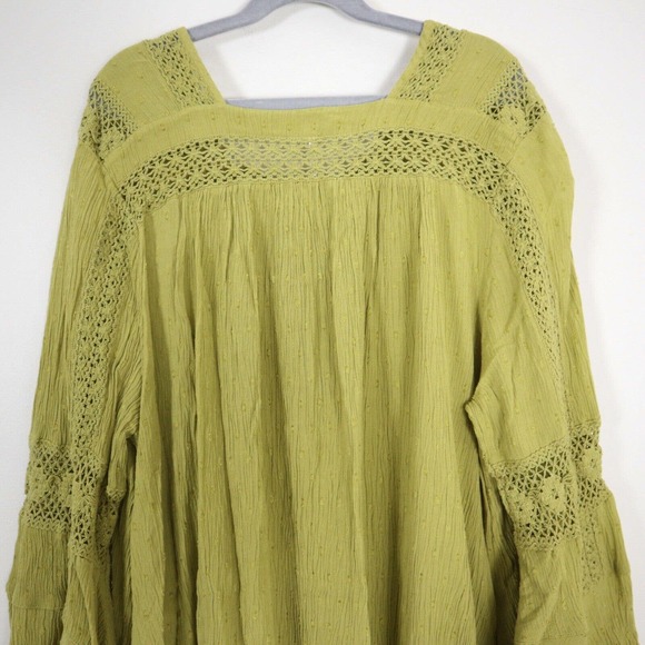 Free People XS Gauze Lace Lattice Neck Tunic Chartreuse Babydoll Bell Sleeve - Picture 10 of 11